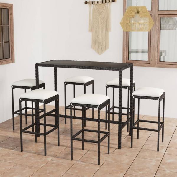 ARDEBO.de - 7-tlg. Gartenbar-Set mit Kissen Poly Rattan Schwarz