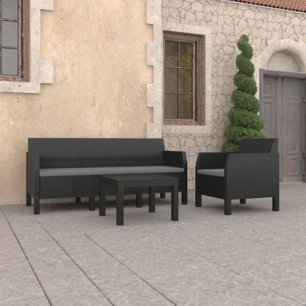 ARDEBO.de - 3-tlg. Garten-Lounge-Set mit Kissen PP Rattan Anthrazit