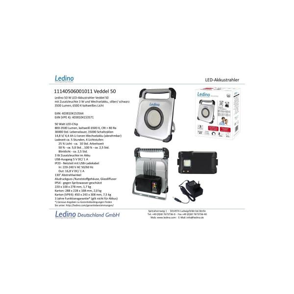 Ledino LED-Akkustrahler 50+3W Veddel50, Li-Ionen Wechselakku (11140506001011)