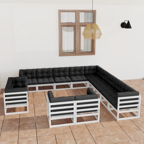 ARDEBO.de - 13-tlg. Garten-Lounge-Set mit Kissen Weiß Massivholz Kiefer