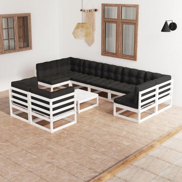 ARDEBO.de - 10-tlg. Garten-Lounge-Set mit Kissen Weiß Massivholz Kiefer