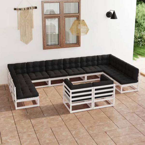 ARDEBO.de - 12-tlg. Garten-Lounge-Set mit Kissen Weiß Massivholz Kiefer