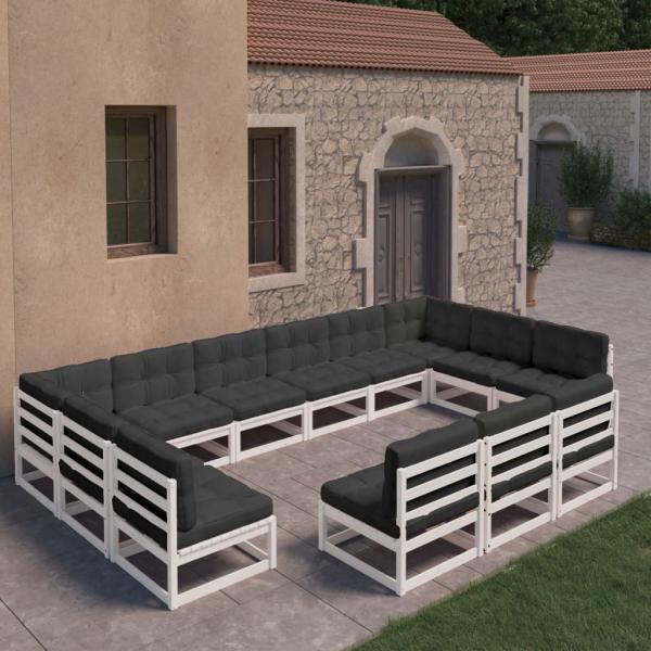 ARDEBO.de - 13-tlg. Garten-Lounge-Set mit Kissen Weiß Massivholz Kiefer