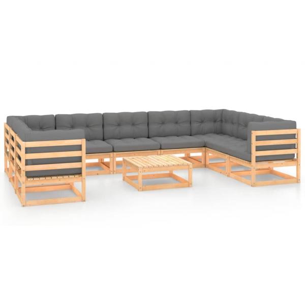 10-tlg. Garten-Lounge-Set mit Kissen Massivholz Kiefer