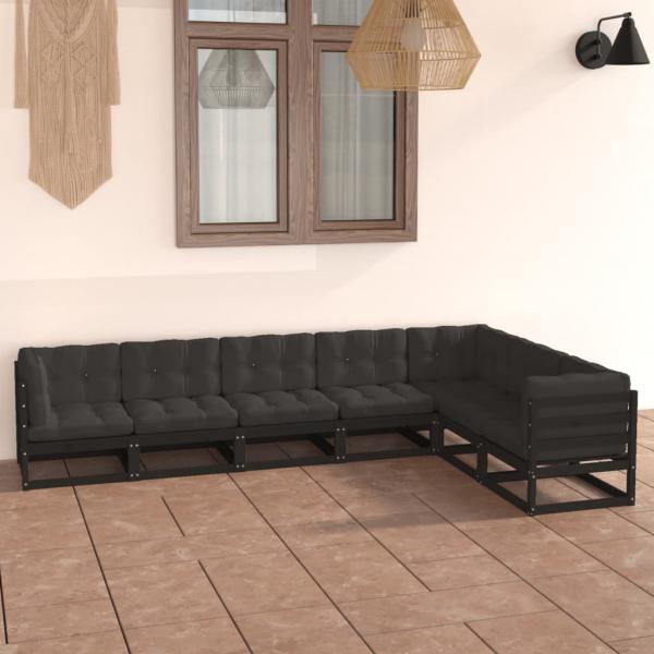 ARDEBO.de - 7-tlg. Garten-Lounge-Set mit Kissen Schwarz Massivholz Kiefer