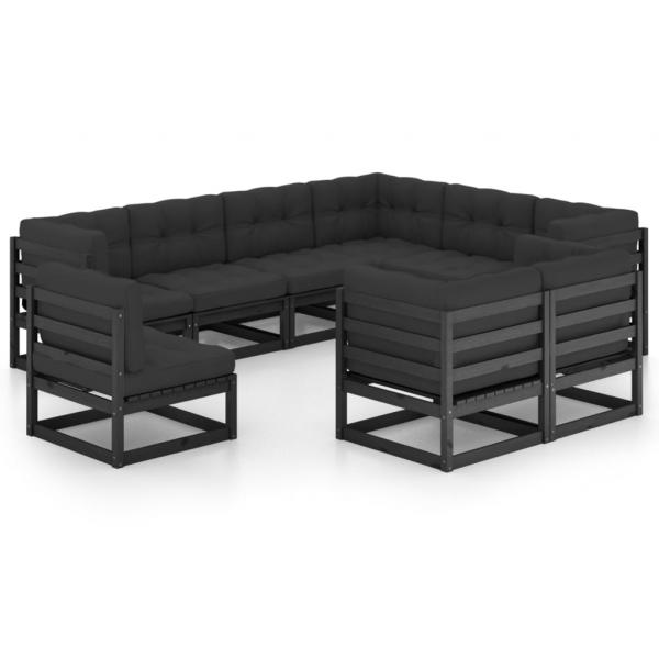 ARDEBO.de - 9-tlg. Garten-Lounge-Set mit Kissen Schwarz Massivholz Kiefer