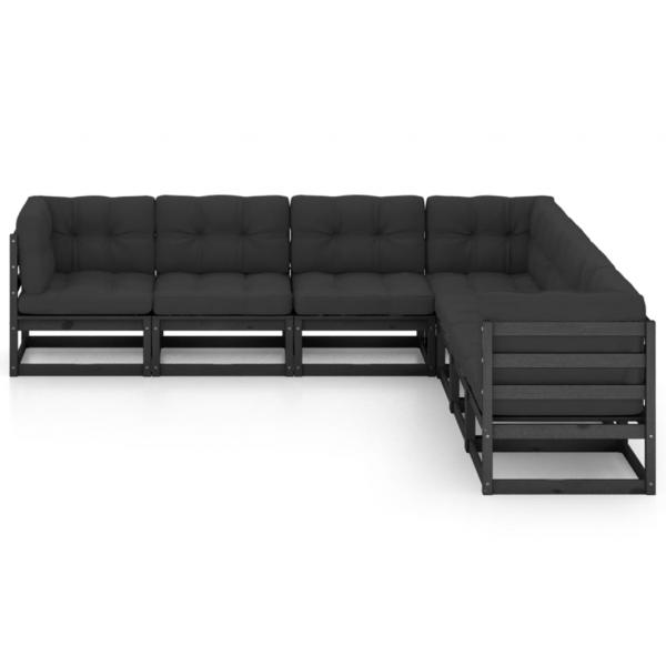 7-tlg. Garten-Lounge-Set mit Kissen Schwarz Massivholz Kiefer