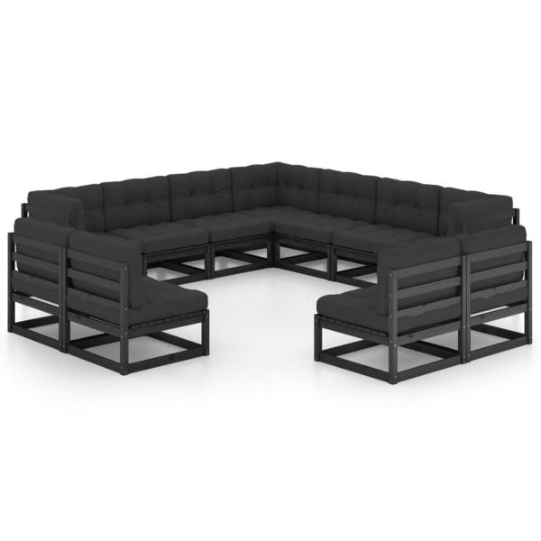 ARDEBO.de - 11-tlg. Garten-Lounge-Set mit Kissen Schwarz Kiefer Massivholz