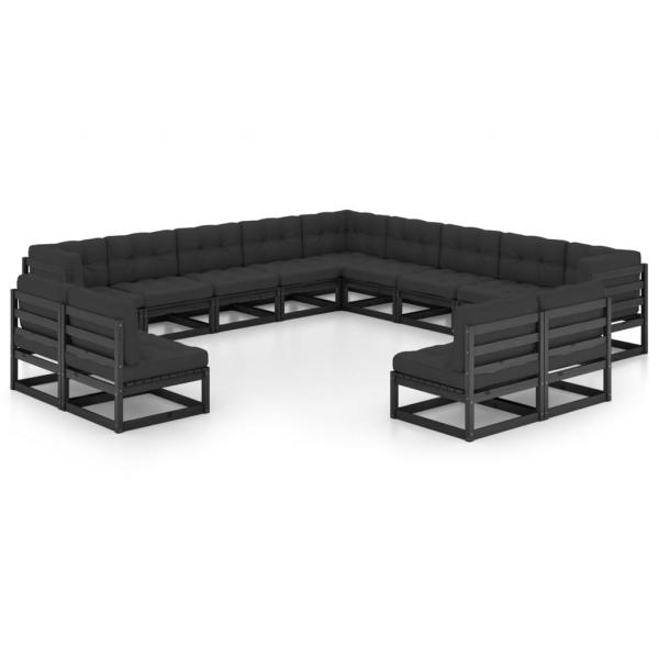 ARDEBO.de - 13-tlg. Garten-Lounge-Set mit Kissen Schwarz Massivholz Kiefer