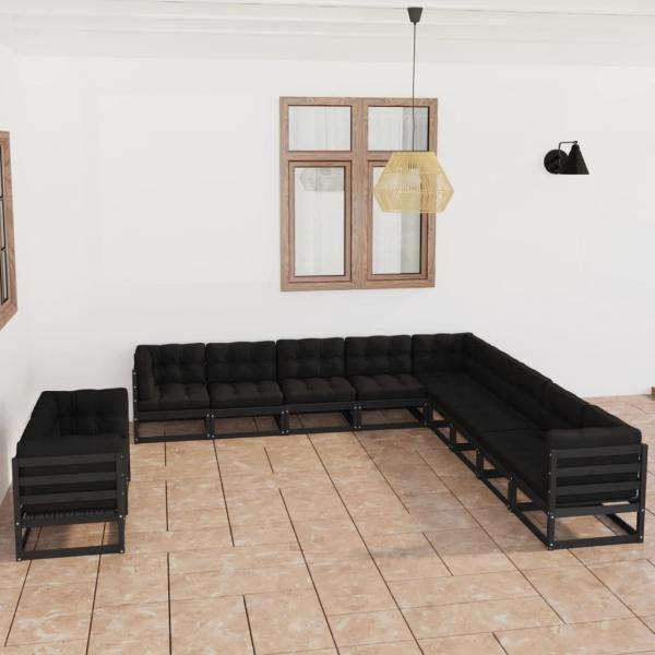 ARDEBO.de - 11-tlg. Garten-Lounge-Set mit Kissen Schwarz Kiefer Massivholz