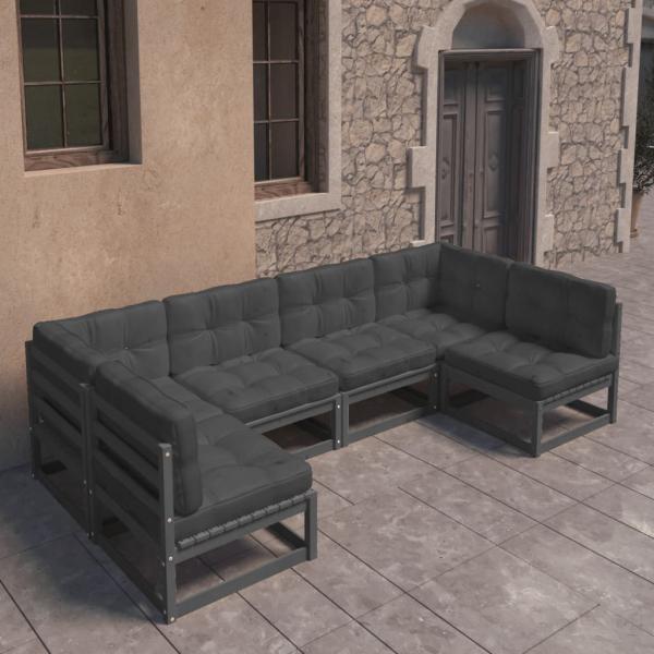 ARDEBO.de - 6-tlg. Garten-Lounge-Set mit Kissen Schwarz Massivholz Kiefer