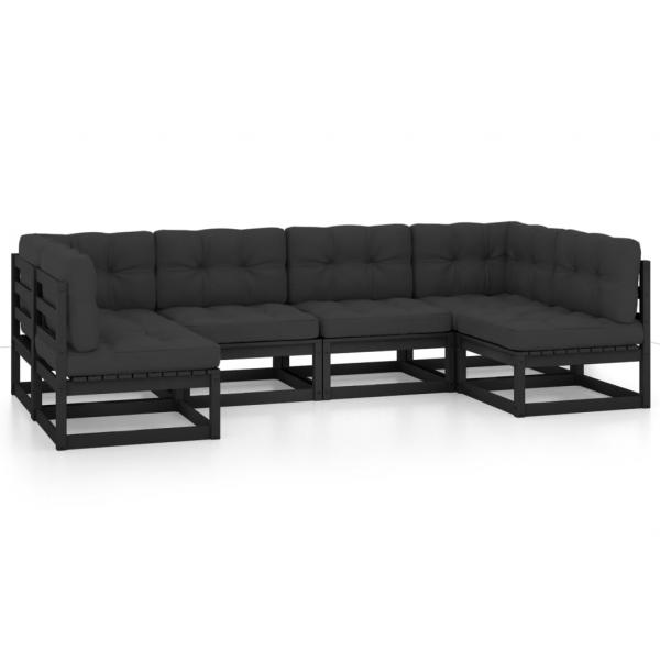 6-tlg. Garten-Lounge-Set mit Kissen Schwarz Massivholz Kiefer