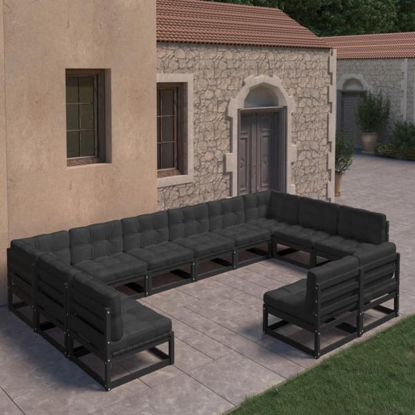 ARDEBO.de - 12-tlg. Garten-Lounge-Set mit Kissen Schwarz Massivholz Kiefer