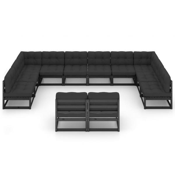 12-tlg. Garten-Lounge-Set mit Kissen Schwarz Massivholz Kiefer