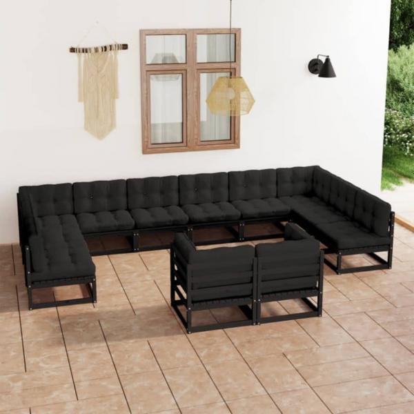 ARDEBO.de - 12-tlg. Garten-Lounge-Set mit Kissen Schwarz Massivholz Kiefer