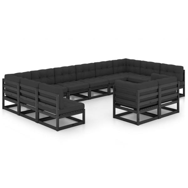 12-tlg. Garten-Lounge-Set mit Kissen Schwarz Massivholz Kiefer