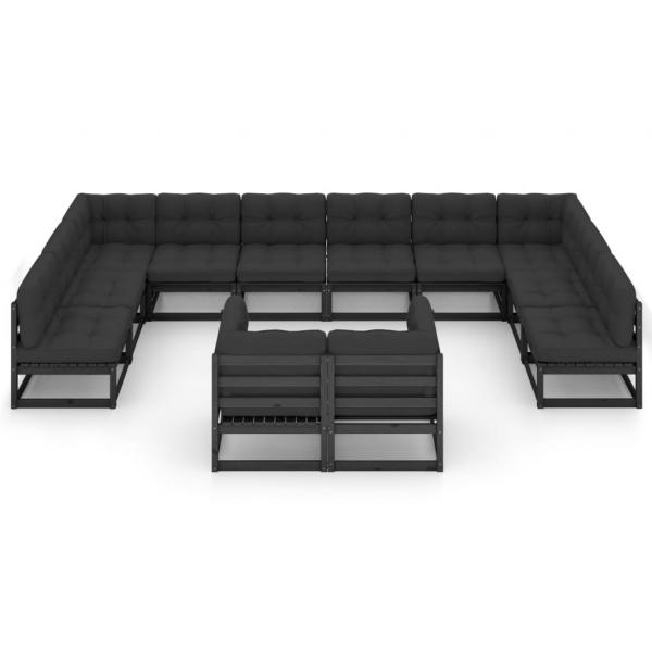 12-tlg. Garten-Lounge-Set mit Kissen Schwarz Massivholz Kiefer