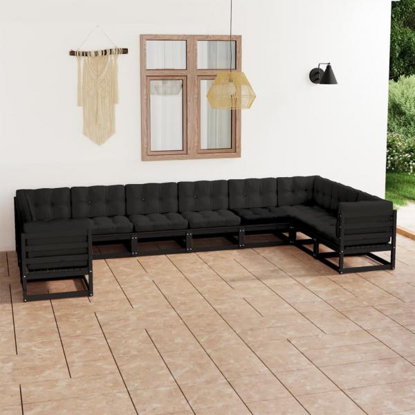 ARDEBO.de - 10-tlg. Garten-Lounge-Set mit Kissen Schwarz Massivholz Kiefer