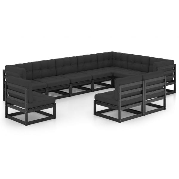 ARDEBO.de - 10-tlg. Garten-Lounge-Set mit Kissen Schwarz Massivholz Kiefer