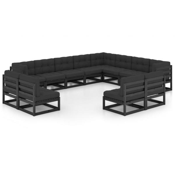 12-tlg. Garten-Lounge-Set mit Kissen Schwarz Massivholz Kiefer