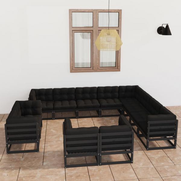 ARDEBO.de - 12-tlg. Garten-Lounge-Set mit Kissen Schwarz Massivholz Kiefer