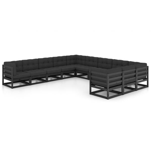 ARDEBO.de - 11-tlg. Garten-Lounge-Set mit Kissen Schwarz Kiefer Massivholz