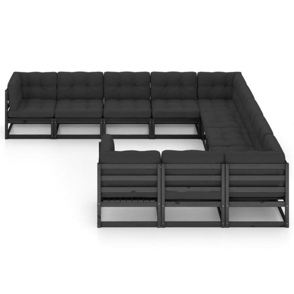 11-tlg. Garten-Lounge-Set mit Kissen Schwarz Kiefer Massivholz