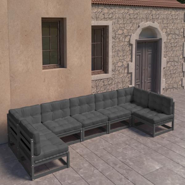 ARDEBO.de - 7-tlg. Garten-Lounge-Set mit Kissen Schwarz Massivholz Kiefer