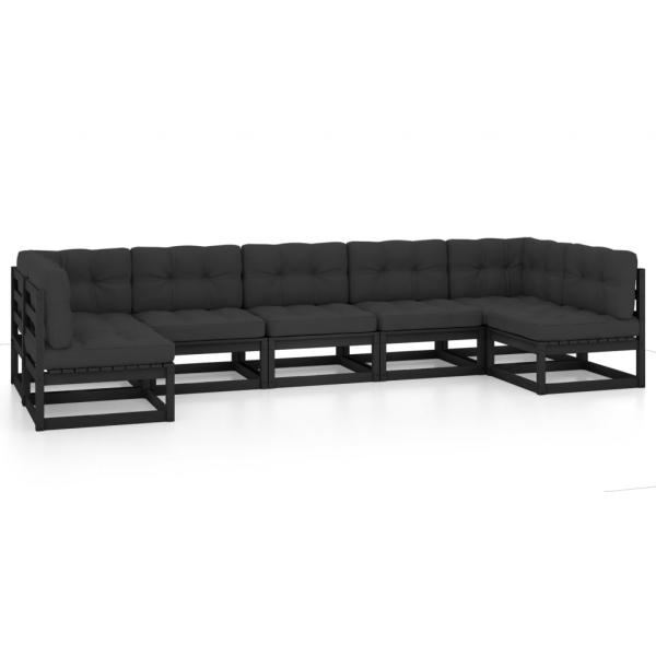 7-tlg. Garten-Lounge-Set mit Kissen Schwarz Massivholz Kiefer