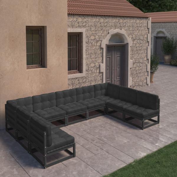 ARDEBO.de - 9-tlg. Garten-Lounge-Set mit Kissen Schwarz Massivholz Kiefer