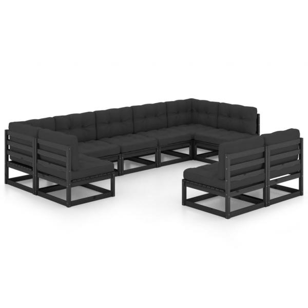 9-tlg. Garten-Lounge-Set mit Kissen Schwarz Massivholz Kiefer