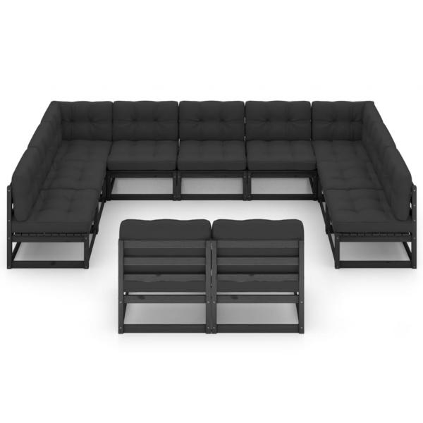 11-tlg. Garten-Lounge-Set mit Kissen Schwarz Kiefer Massivholz