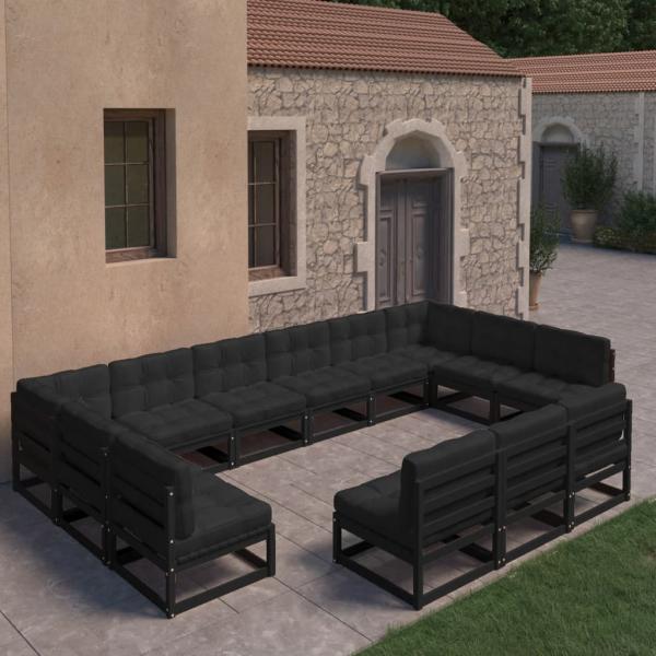 ARDEBO.de - 13-tlg. Garten-Lounge-Set mit Kissen Schwarz Massivholz Kiefer