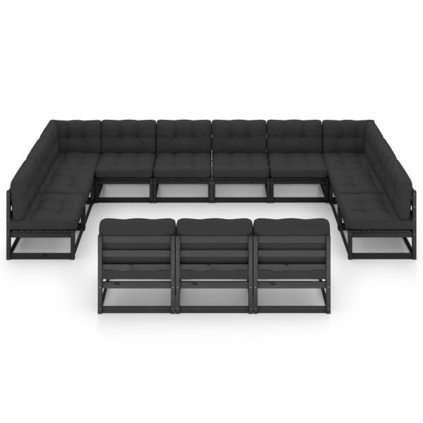 13-tlg. Garten-Lounge-Set mit Kissen Schwarz Massivholz Kiefer