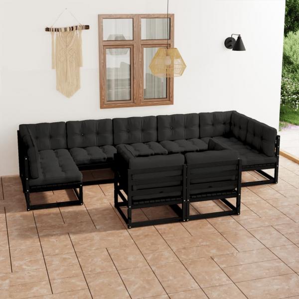 ARDEBO.de - 9-tlg. Garten-Lounge-Set mit Kissen Schwarz Massivholz Kiefer