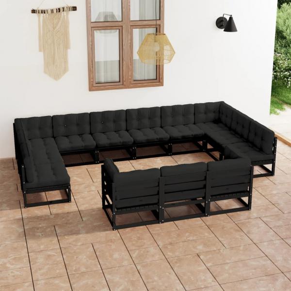 ARDEBO.de - 13-tlg. Garten-Lounge-Set mit Kissen Schwarz Massivholz Kiefer