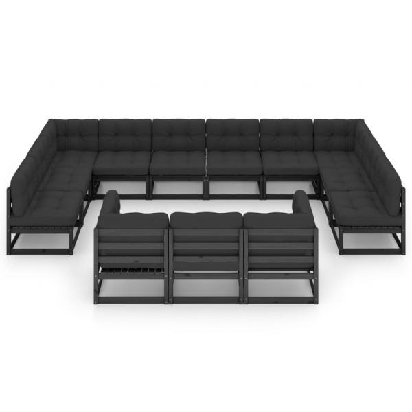 13-tlg. Garten-Lounge-Set mit Kissen Schwarz Massivholz Kiefer