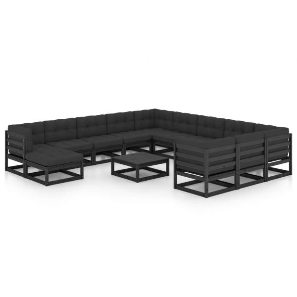 13-tlg. Garten-Lounge-Set mit Kissen Schwarz Massivholz Kiefer