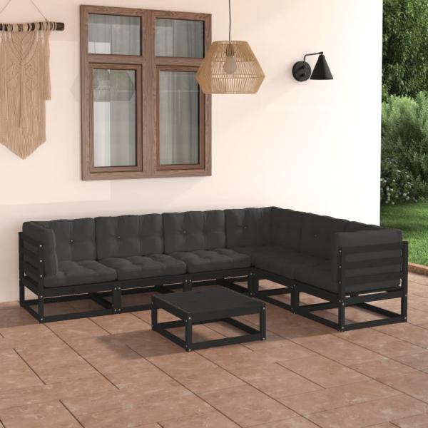 ARDEBO.de - 7-tlg. Garten-Lounge-Set mit Kissen Schwarz Massivholz Kiefer