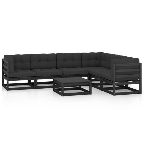 7-tlg. Garten-Lounge-Set mit Kissen Schwarz Massivholz Kiefer