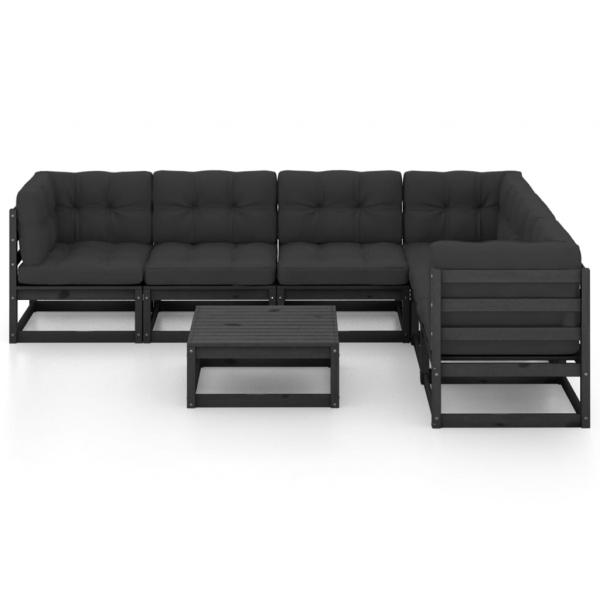 7-tlg. Garten-Lounge-Set mit Kissen Schwarz Massivholz Kiefer