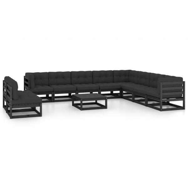 ARDEBO.de - 11-tlg. Garten-Lounge-Set mit Kissen Schwarz Kiefer Massivholz