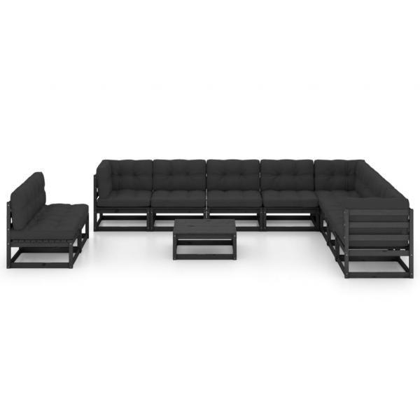 11-tlg. Garten-Lounge-Set mit Kissen Schwarz Kiefer Massivholz