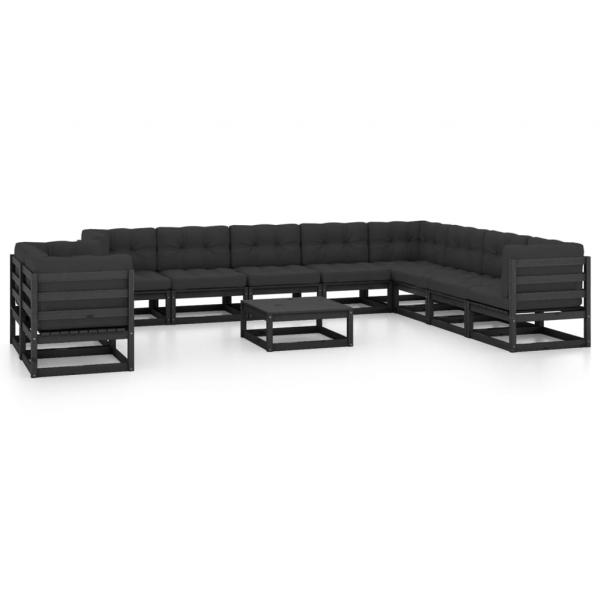 ARDEBO.de - 11-tlg. Garten-Lounge-Set mit Kissen Schwarz Kiefer Massivholz