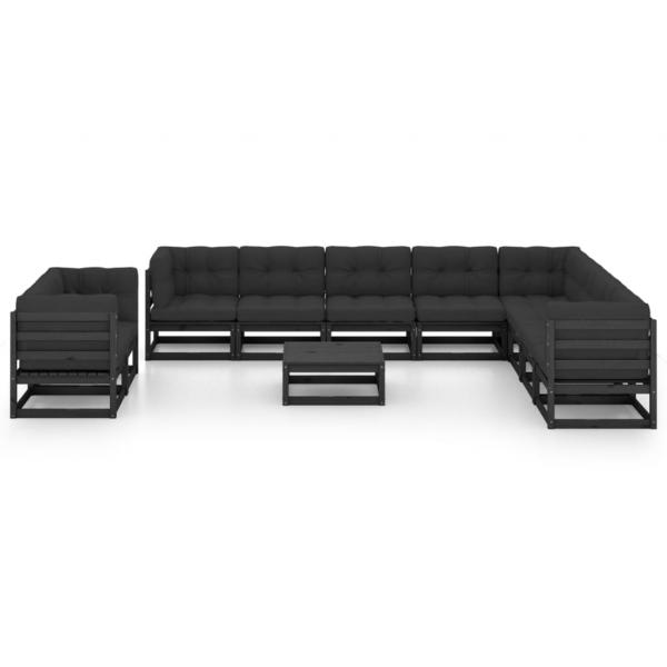 11-tlg. Garten-Lounge-Set mit Kissen Schwarz Kiefer Massivholz