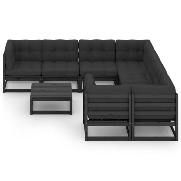 9-tlg. Garten-Lounge-Set mit Kissen Schwarz Massivholz Kiefer