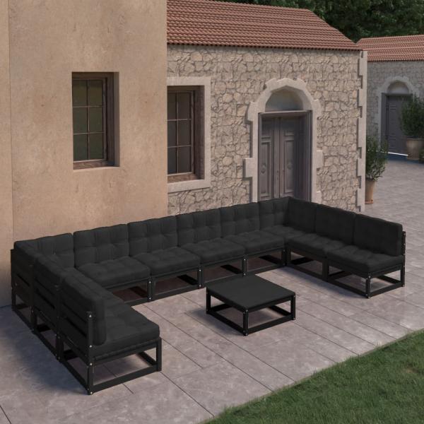 ARDEBO.de - 11-tlg. Garten-Lounge-Set mit Kissen Schwarz Kiefer Massivholz