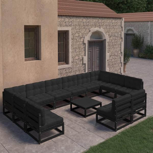 ARDEBO.de - 13-tlg. Garten-Lounge-Set mit Kissen Schwarz Massivholz Kiefer