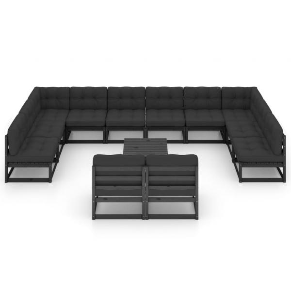 13-tlg. Garten-Lounge-Set mit Kissen Schwarz Massivholz Kiefer