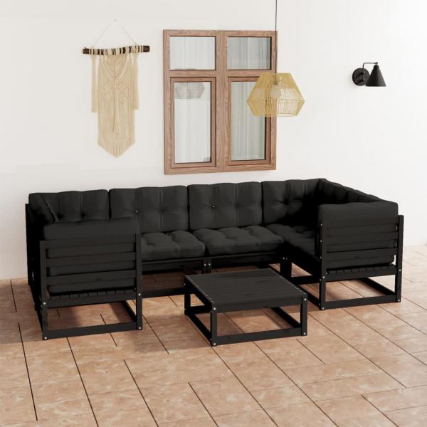 ARDEBO.de - 7-tlg. Garten-Lounge-Set mit Kissen Schwarz Massivholz Kiefer